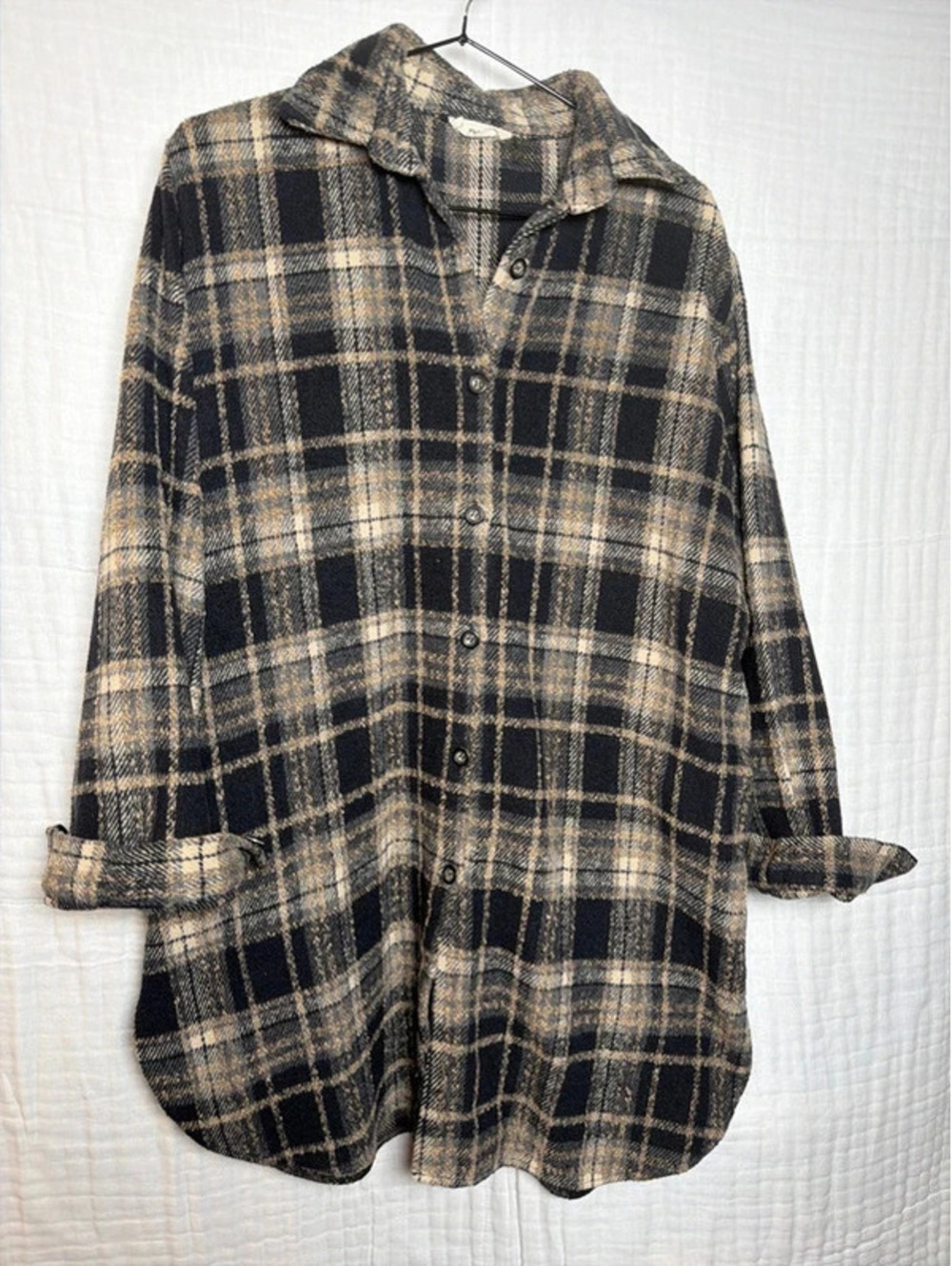 Adora Plaid Cozy Long Shacket Pockets Brown Black Medium
